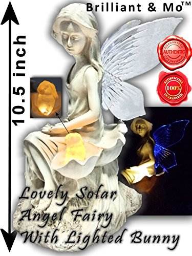 10.5 Inch Tall Solar Angel Fairy Statue Sitting With Lighted Yellow Bunny 